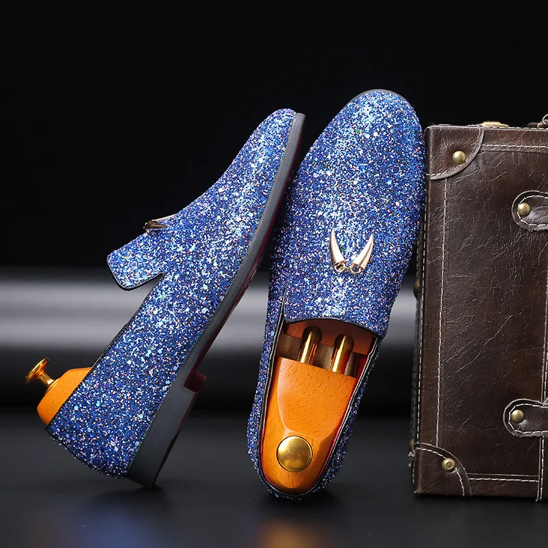 

New Designer Retro Pointed Attractive Sequined Wedding Leather Oxford Shoes Blue Men Casual Loafers Formal Dress Zapatos Hombre