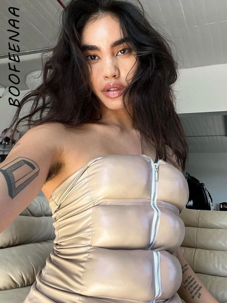 

BOOFEENAA Tube Top Puffer Vest for Women Zip Up Sleeveless Cropped Jackets Coats 2023 Fall Winter Fashion Clothes C85-DD26