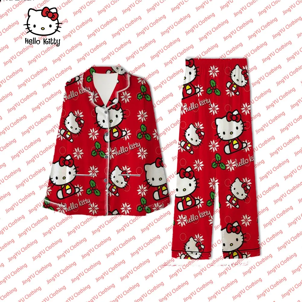 

Sanrio Halloween Hello Kitty 3D printed spring long-sleeved button-down comfortable shirt, pajamas and trousers 2-piece set