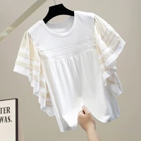 fashion ruffles sleeve t shirt for women contrast color large swing korean style loose short sleeved tshirt temperament top 2022