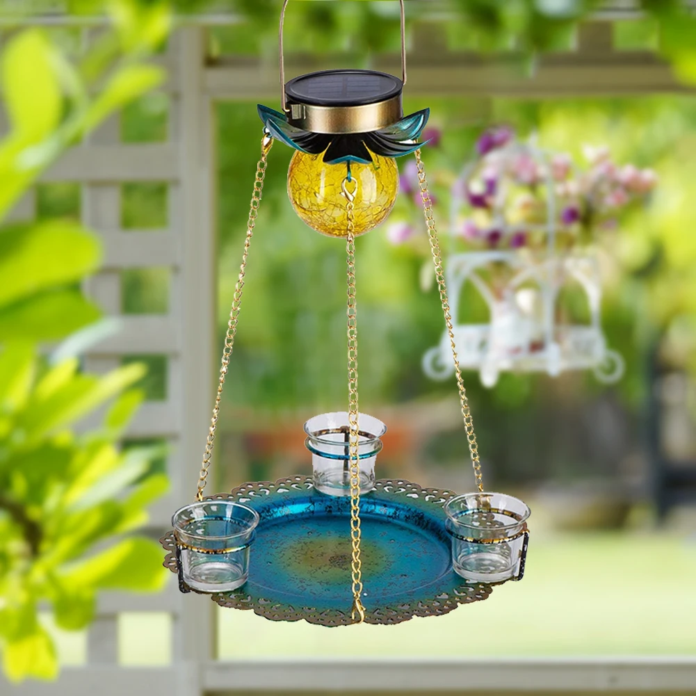 

LED Hanging Solar Power Bird Feeder Lawn Lamp Outdoor Feeding Metal Light Decor Bird Food Holder Container Garden Decorations