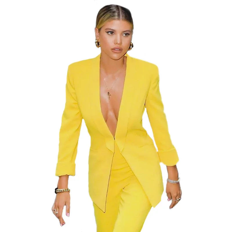 Yellow Ladies Two Piece Suit Jacket Formal Business Jacket Set Fitted Office Workwear Complete Outfit