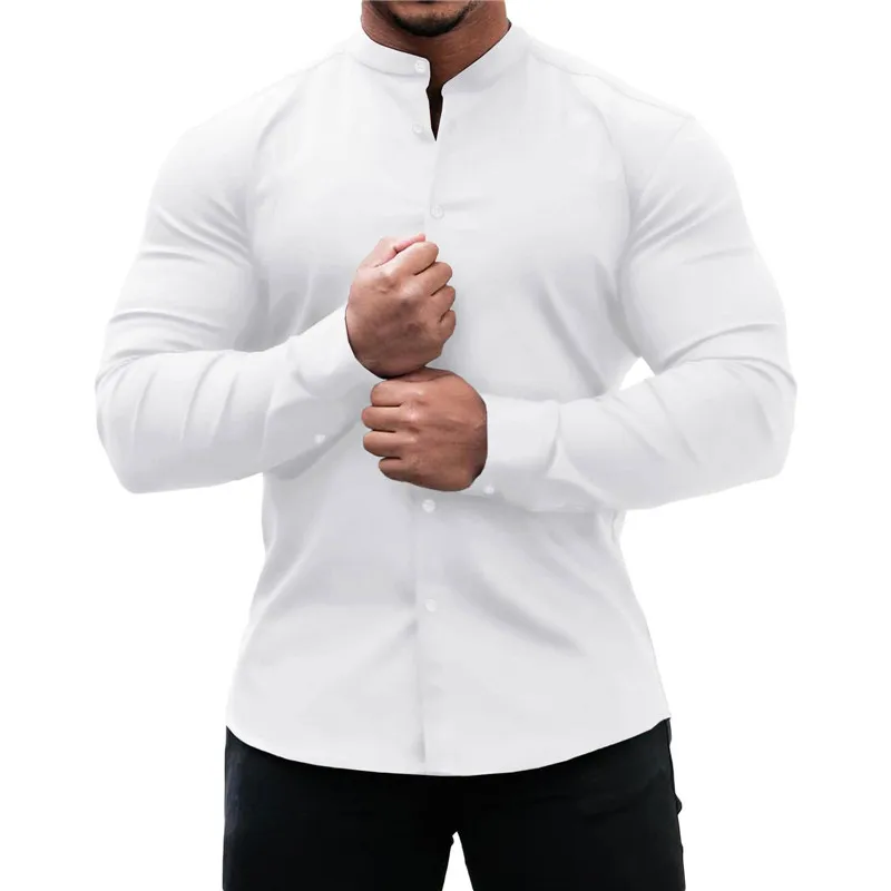 

Men Solid Color Casual Shirts Long Sleeve Banded Collar Button Down Slim Fit Shirts Spring Autumn Clothes Daily Wear