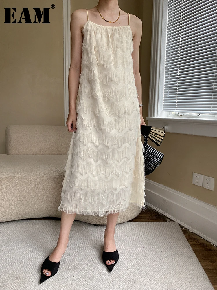 

[EAM] Women White Tassels Long Elegant Spaghetti Strap Dress New Sleeveless Loose Fit Fashion Tide Spring Summer 2023 1DF8015