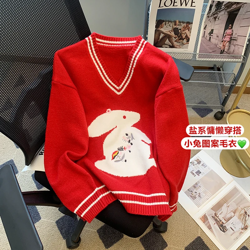 

Свободный красный свитер в ленивом стиле, джемперы для женщин, милые леггинсы с V-образным вырезом и длинными рукавами в виде кролика, трикотажная одежда