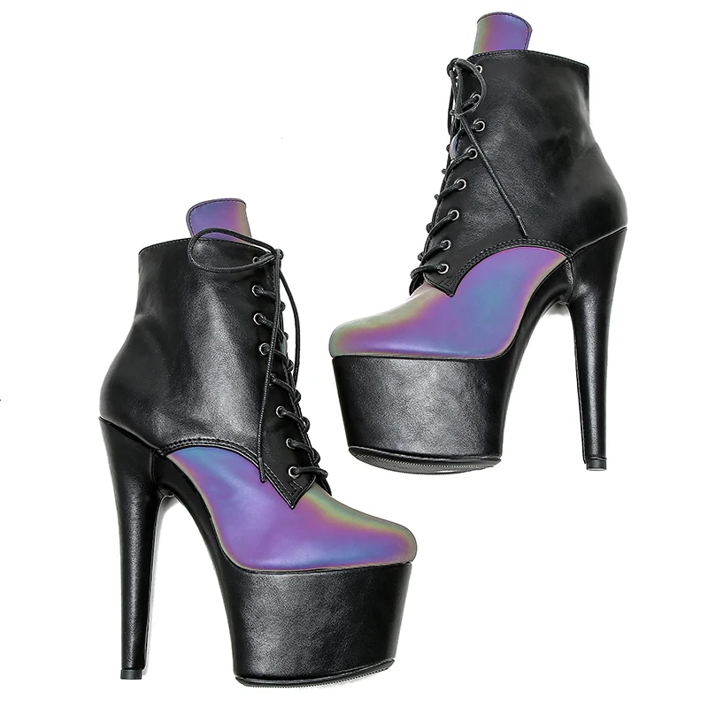 Leecabe 17CM/7Inches black platform with Shinny two colour upper High Heel platform Boots Closed toe  Pole Dance boot