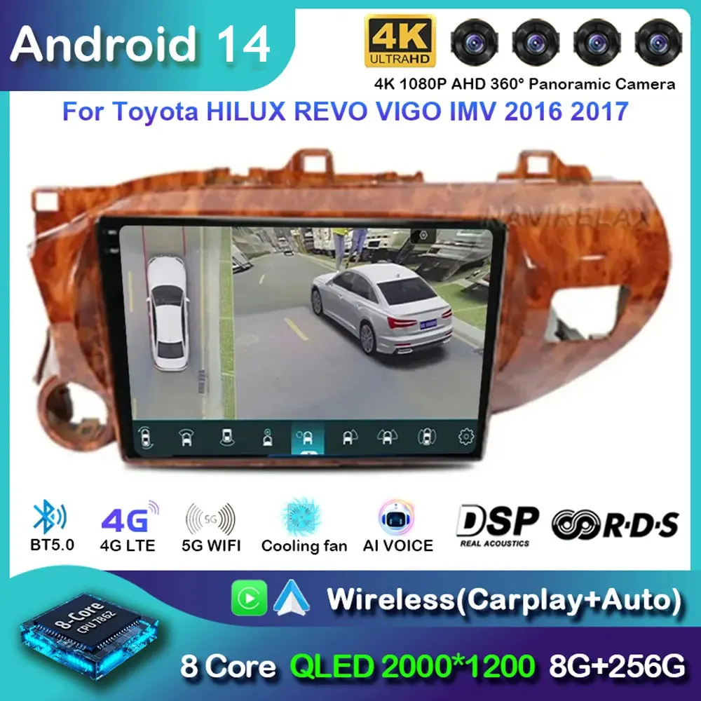 Автомобильный радиоприемник Android 14 Carplay для Toyota HILUX REVO VIGO IMV 2016-2017 MP5 DSP
