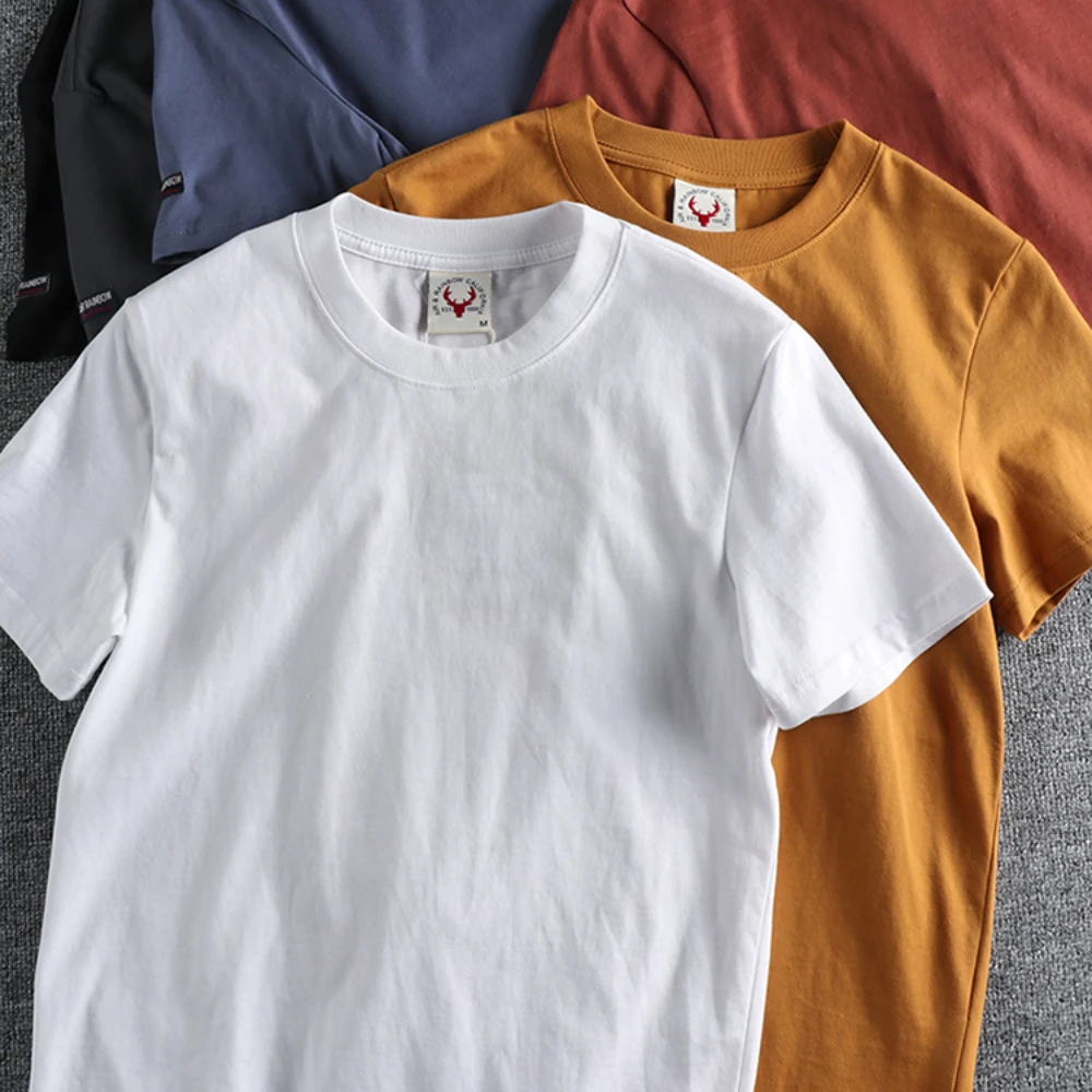 

Solid short sleeve t-shirt men's summer basic versatile European and American retro trend cotton backing