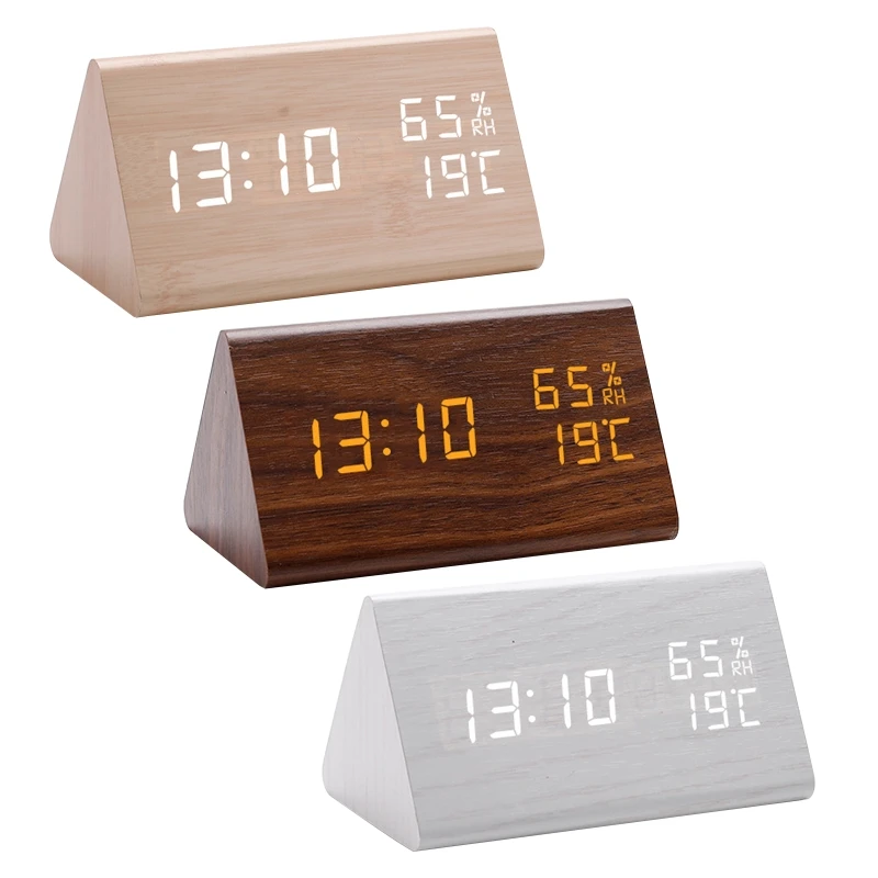 

Digital Clock Wood Triangular Led Alarm Clock Table Humidity Temperature for Home Bedroom Office Desktop Decor Gift