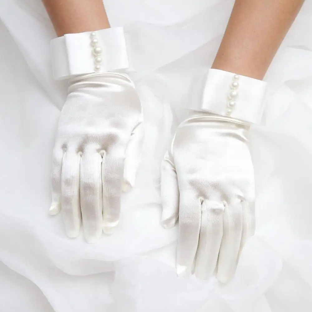 

Women Girls White Prom Pageant Wrist Brides Satin Short Bow Gloves Bead Party Communion Wedding Evening Cosplay Costume