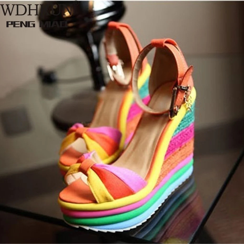 

WDHKUN Summer Sandals Women Women's Ladies Wedges High Multicolor Patchwork Sandals Peep Toe Roman Shoes Sandals High Heels