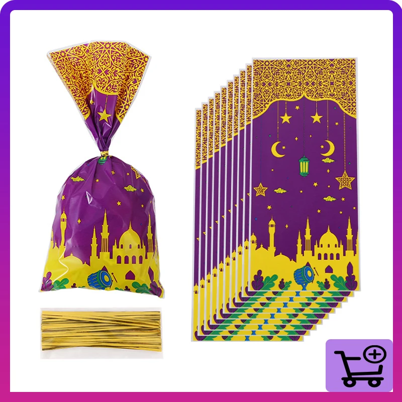 

25/50pcs Eid Mubarak Cookie Bags Plastic Candy Gift Bags Ramadan Kareem Decor 2023 Islamic Muslim Eid Al-fitr Party Supplies