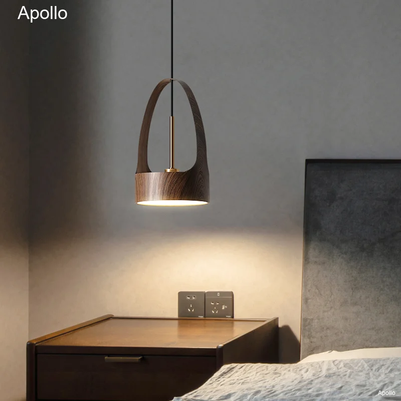 

Nordic Bedside Chandelier Japanese Walnut Log Style Single Head Small Chandelier Light Luxury Art Restaurant Lighting.