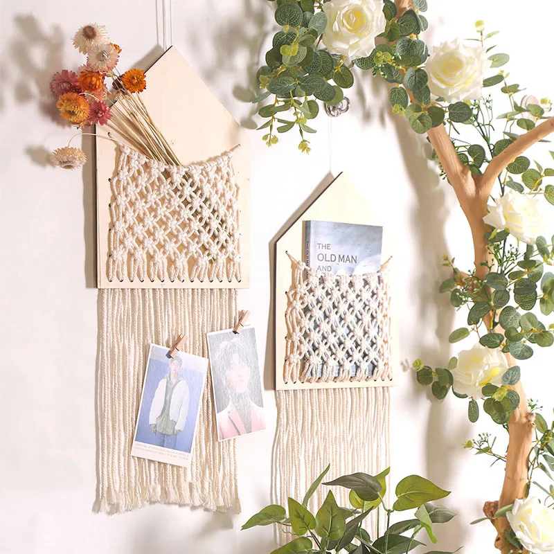 

INS Woven Bohemian Creative Doorplate Home Decoration Flower Net Bag Tassel Woven Pendant Wall Decoration Beige Home Decor