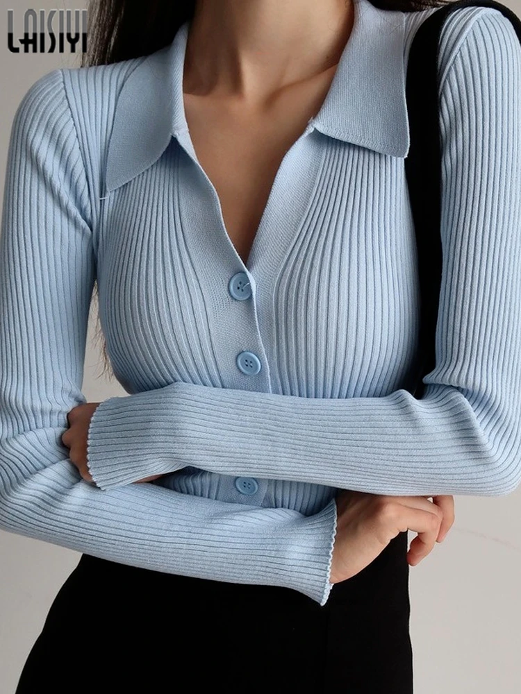 

Autumn Sweaters Women Cardigans Button Korean Style Polo Neck Knitted Sweaters 2022 Casual Basic Slim Long Sleeve Skinny Top
