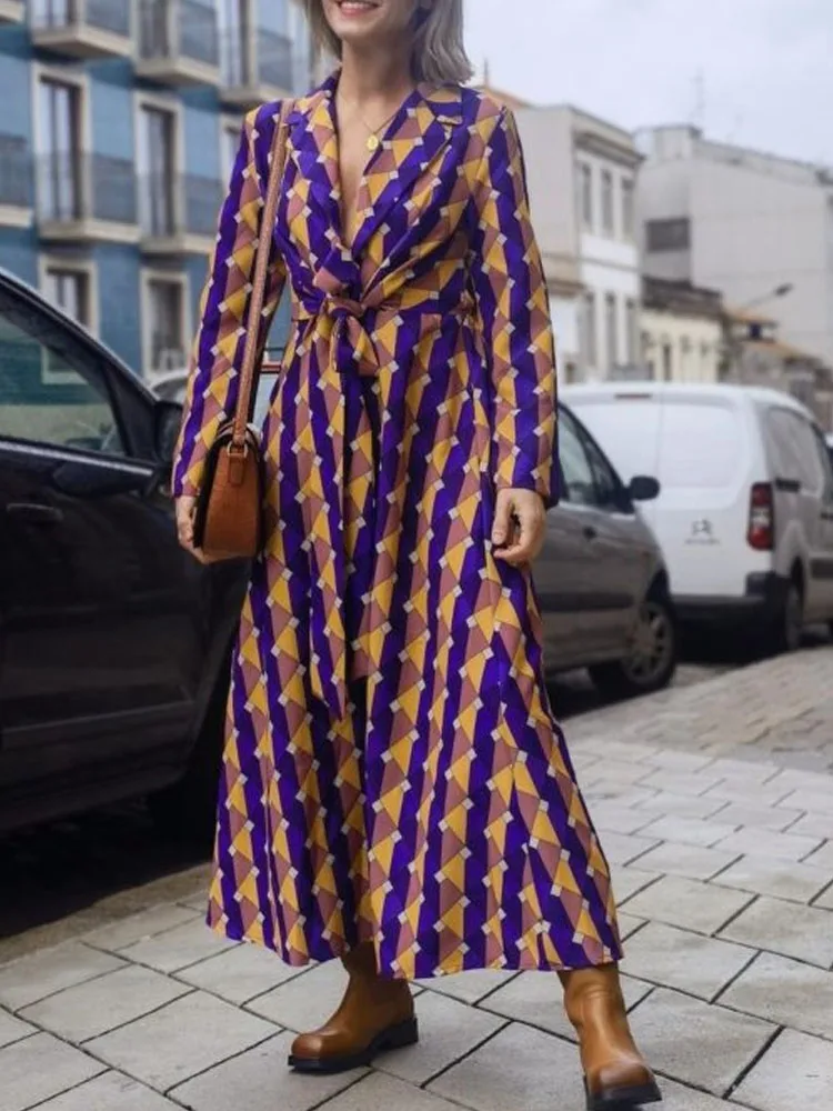 

Платье-Макси женское с отложным воротником, повседневное Модное Длинное Вечернее Платье с ромбовидным узором и геометрическим принтом, в с...
