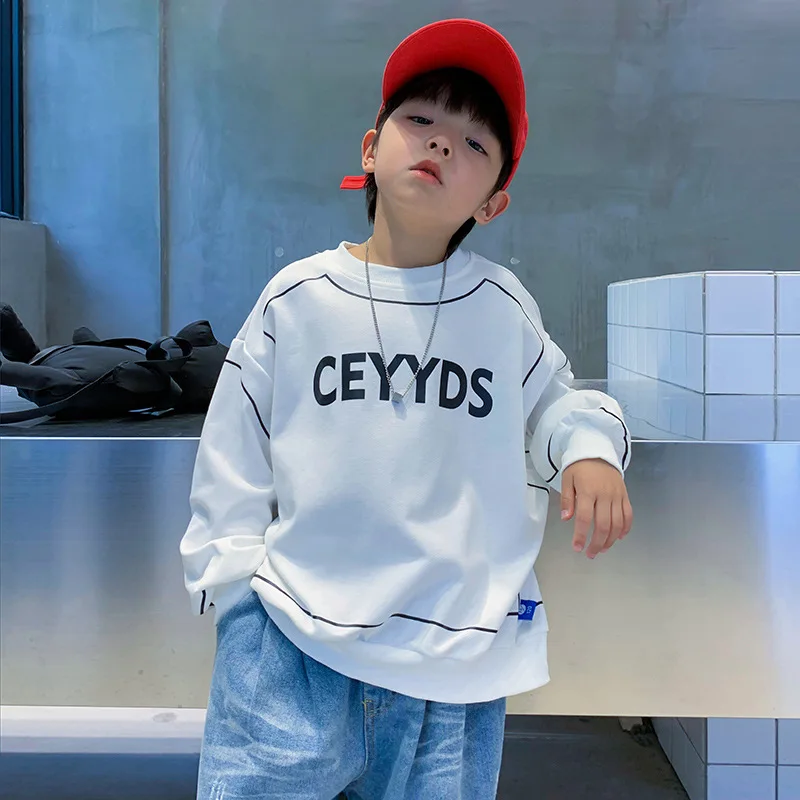 

Свитшот для мальчиков-подростков, модный Свободный Топ с длинным рукавом, с надписью, в Корейском стиле, 4-14 лет, весна-осень