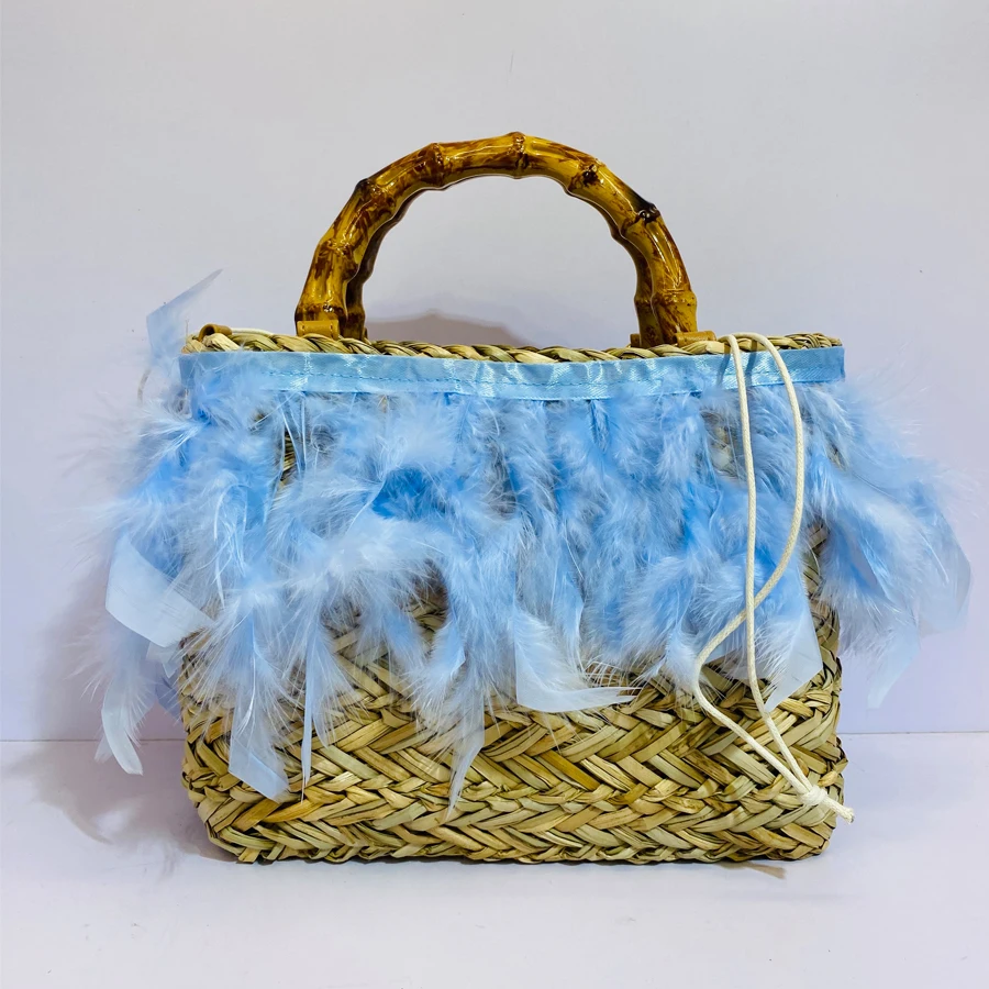 

Feather Straw Bag Handmade Weave Luxury Designer Handbags For Women 2023 New Fashion Shoulder Crossbody Bags Casual Beach Bag