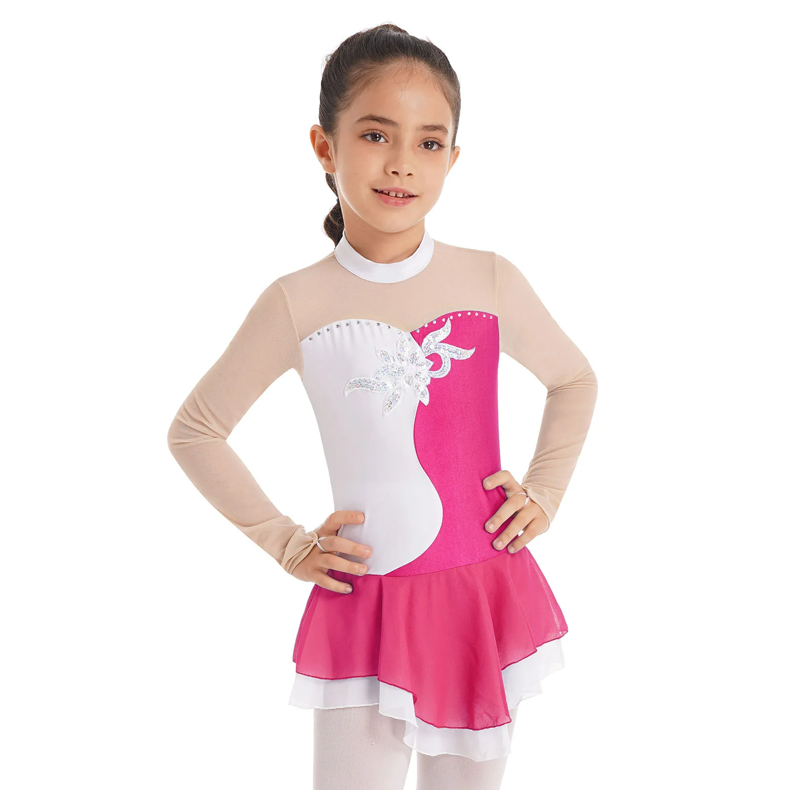 

Kids Girls Long Sleeves Mesh Patchwork Sequins Faux Diamonds Adorned Ballet Leotards Performance Skating Bodysuit Dress Costumes