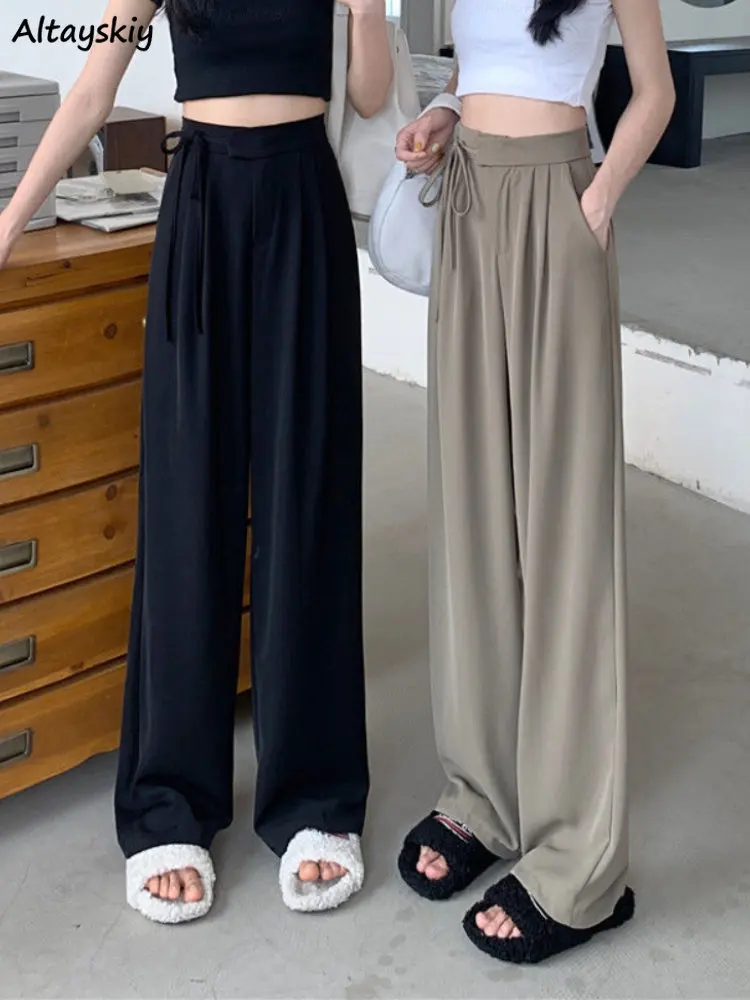 

Black Pants Women Casual Summer Vintage High-Waist Trousers Aesthetic Solid Korean Style Trendy Loose Lace-up Straight All-match