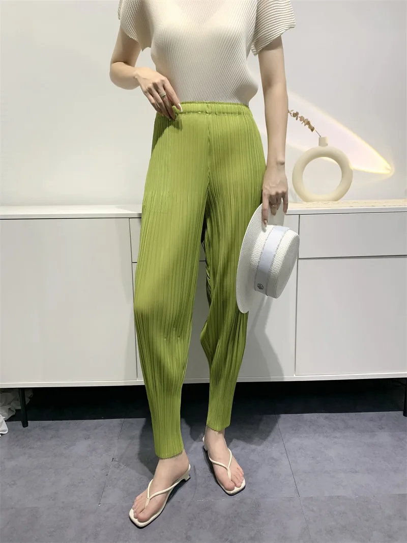 Women Pencil Pants Miyake Pleated Fashion Solid Loose large Size High Strecth Casual Folds  Ankle-Length Pants