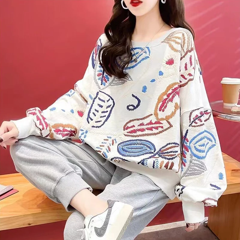 

Spring New Loose Long-sleeved 3D Printed Pullover Sweater Cotton Top