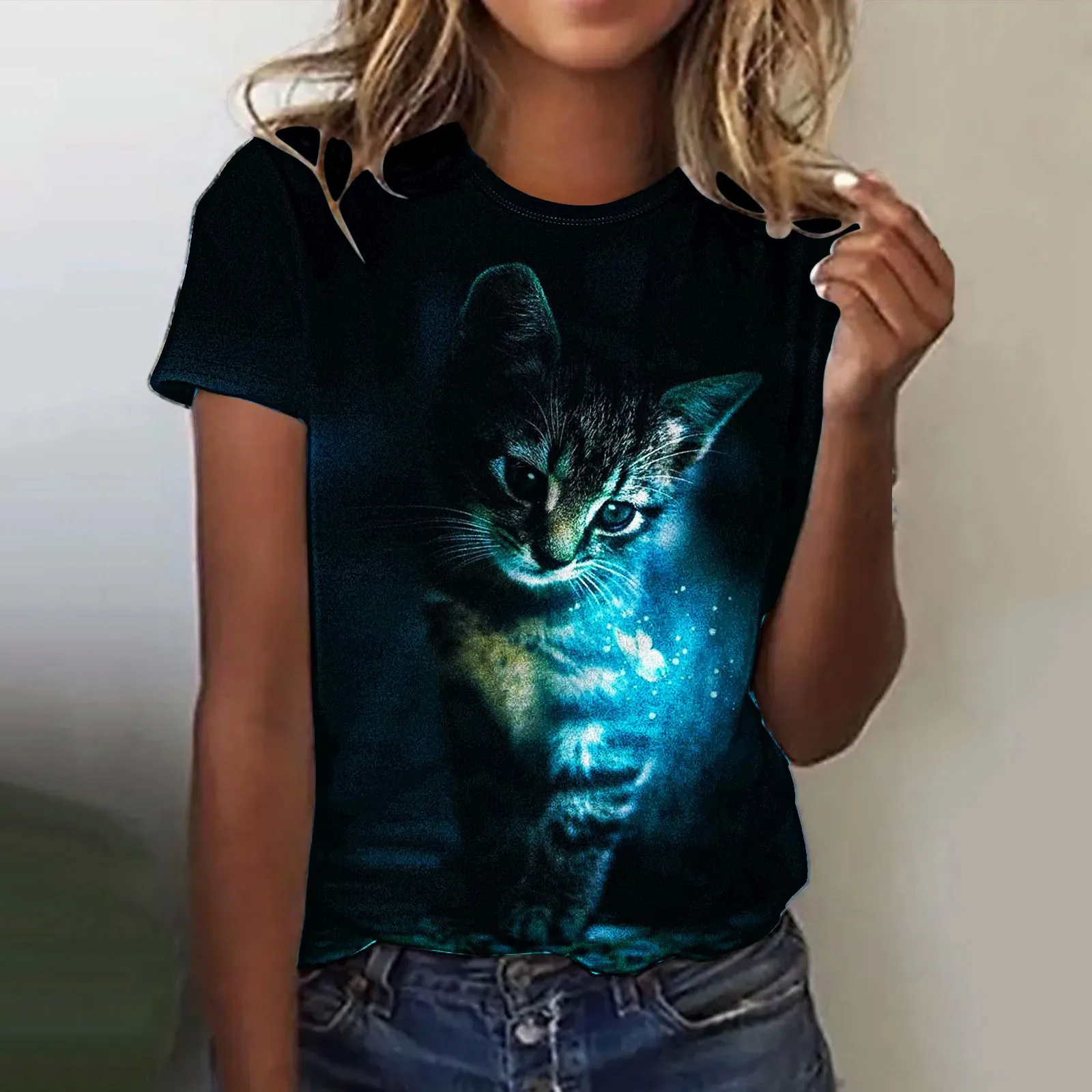 

Women Fashion Casual Top Shirt Short Sleeve Cat Printed T Shirt Round Neck Elegant Loose Soft Top Female Workout Shirts