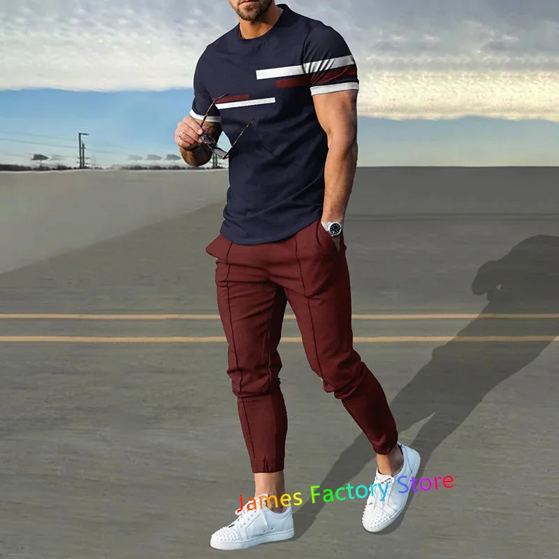 Men's Trouser Tracksuit 2 Piece Outfit Set Summer Sport T-Shirt Long Pants Sportwear Set Oversized Jogging Set Male Clothing Set