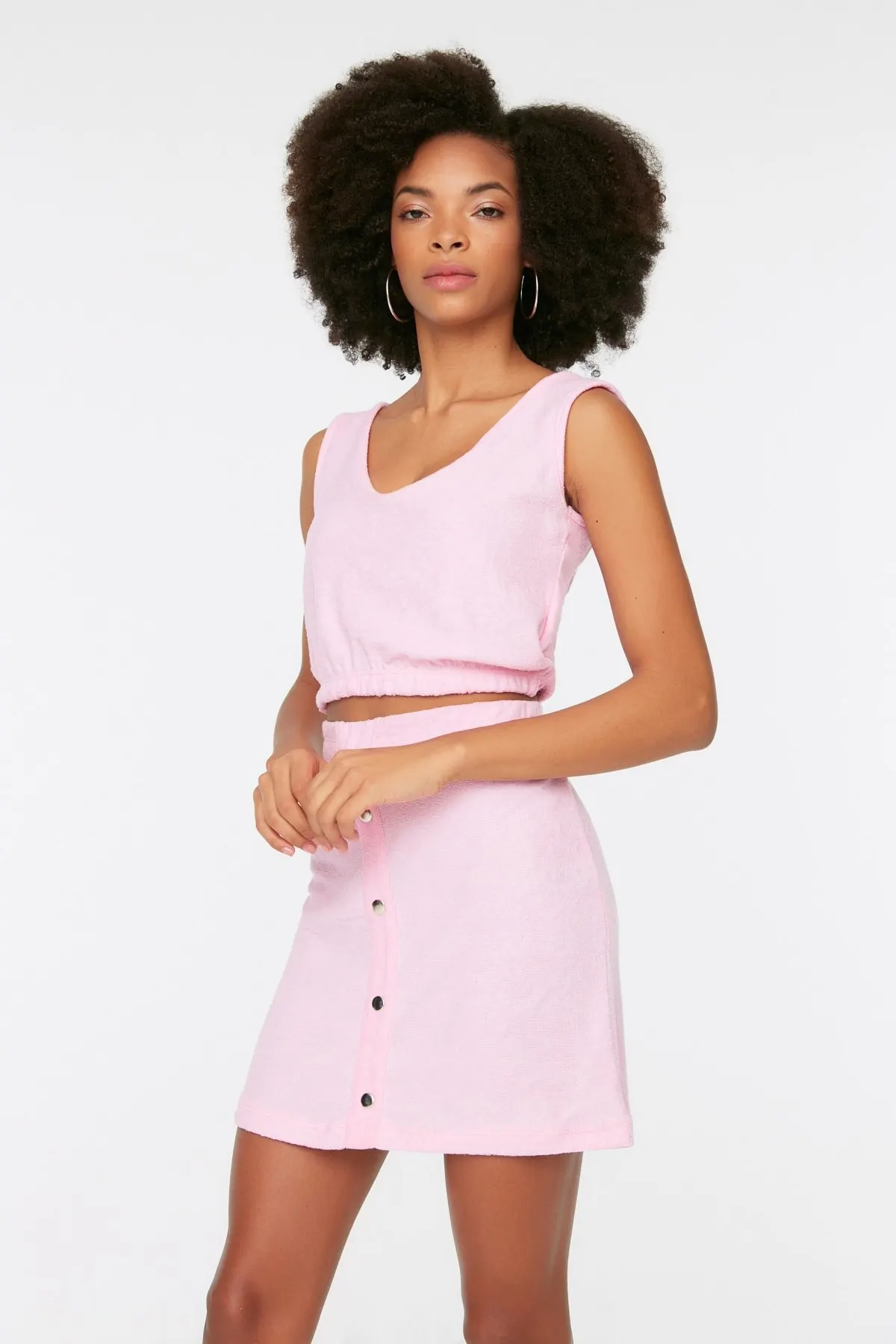 

Women's Skirt Pink Snaps Terry Fabric Knitted Skirt Summer Cute Style Empire Slim Folds Above Knee Sexy Mini Skirts