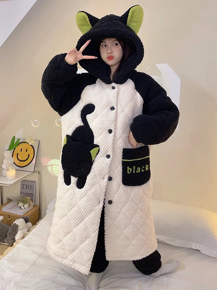 Autumn and Winter 2024 New Three-Layer Quilted Women Nightgown Coral Fleece Pajamas Fleece-lined Thickened Homewear Set