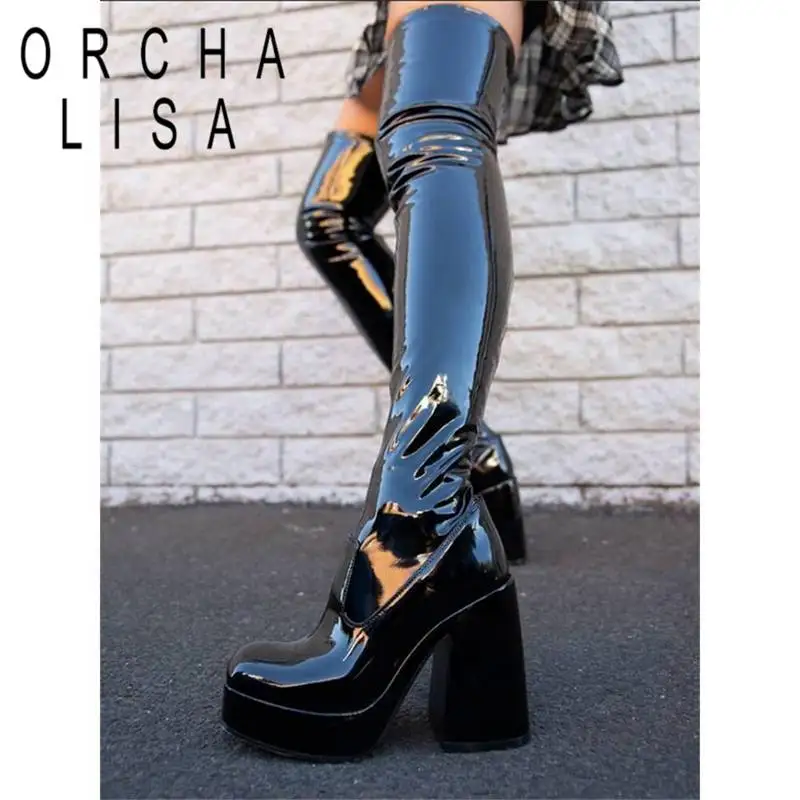 

ORCHA LISA Females Thigh Boots 58cm Chunky Heels 10.5cm Platform 4cm Slip On Stretchy Booties Big Size 42 43 Solid Fashion Shoes