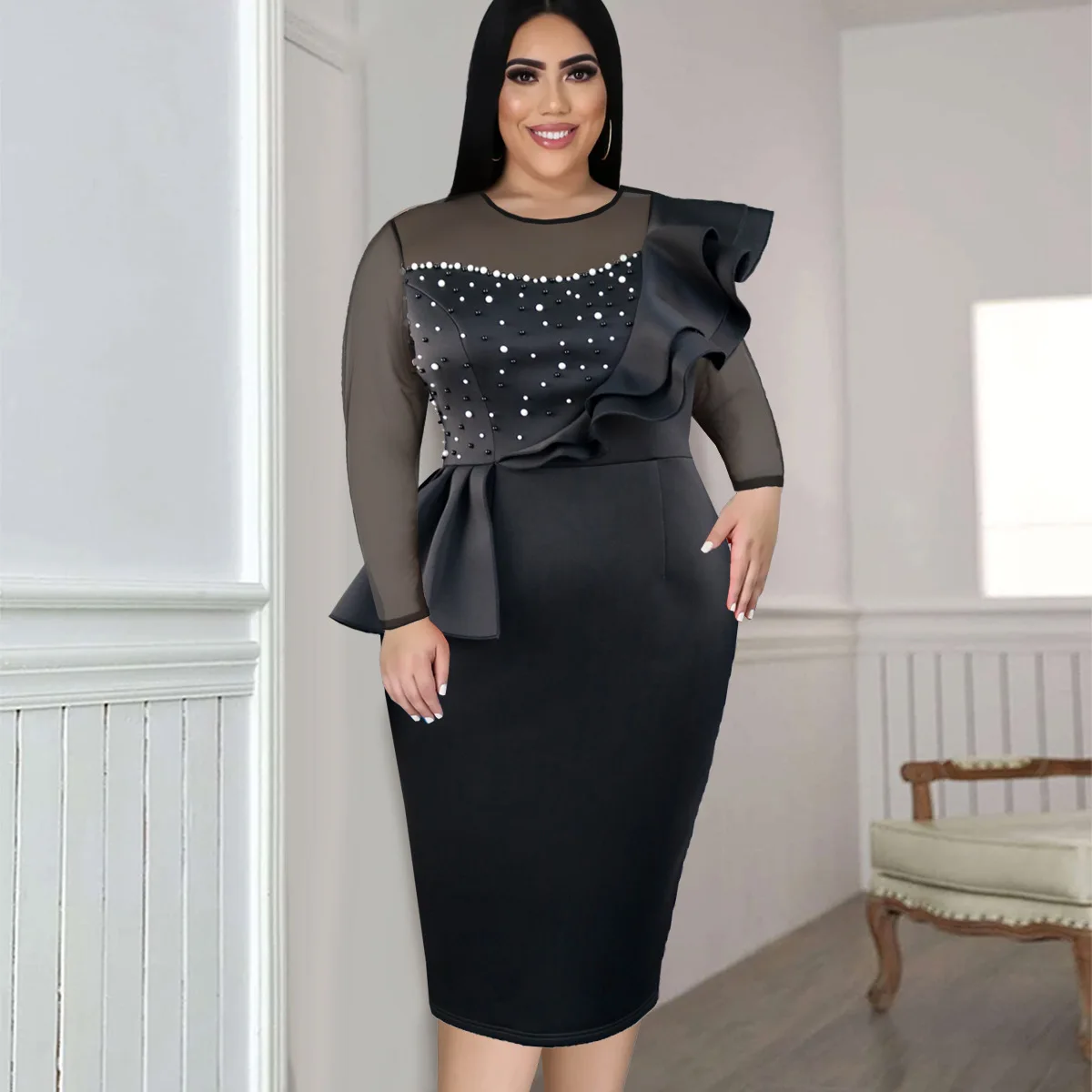 Plus Size Evening Women Dress Mesh Pearl Elegant Midi Clothing Female Casual Luxury Wedding Gown 2023 Summer Party New In Dress