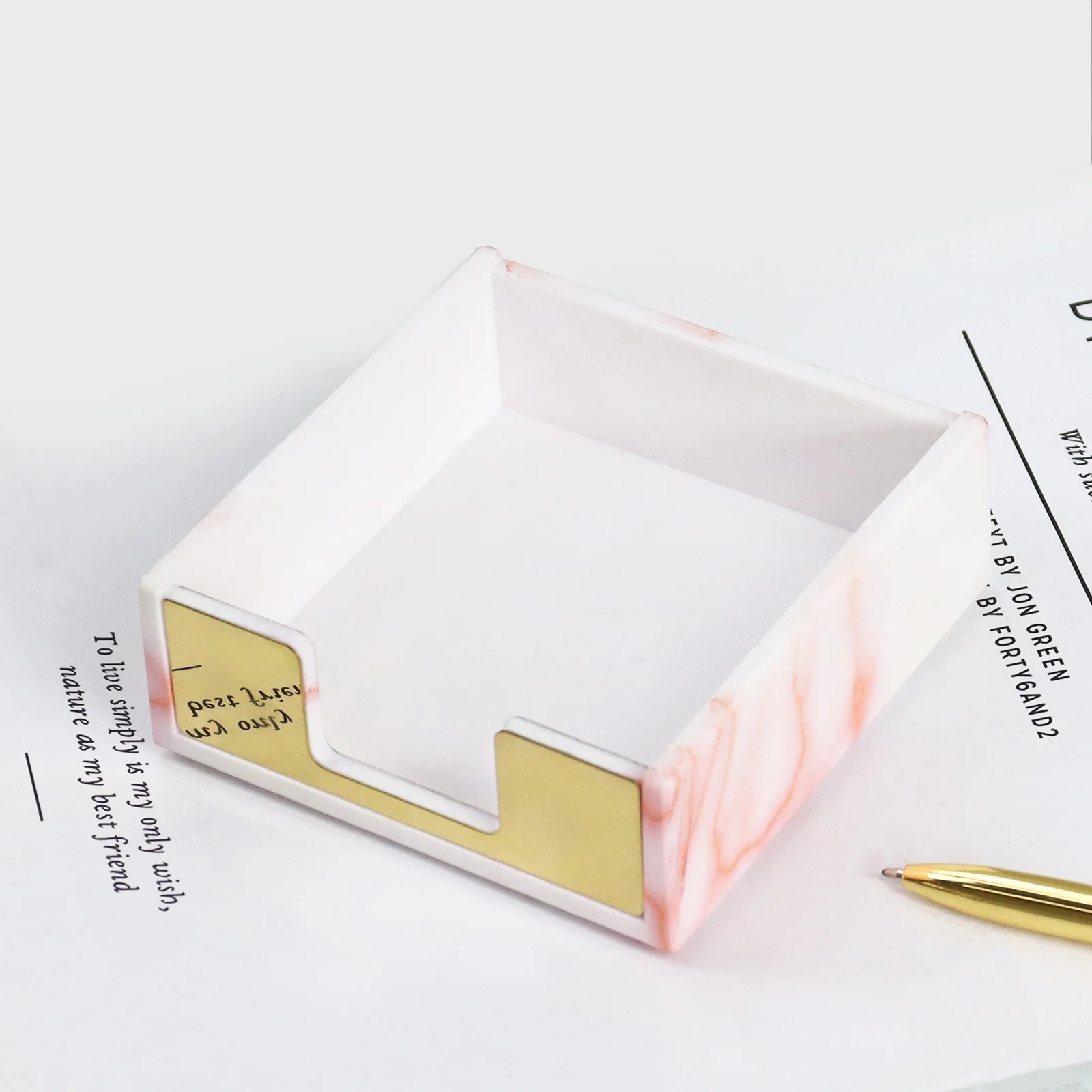 Marbled Memo Pad Holder Sticky Notes，Stationery Accessories Storage Desktop Organizer Pink Marble Gold Sticky Note Holder