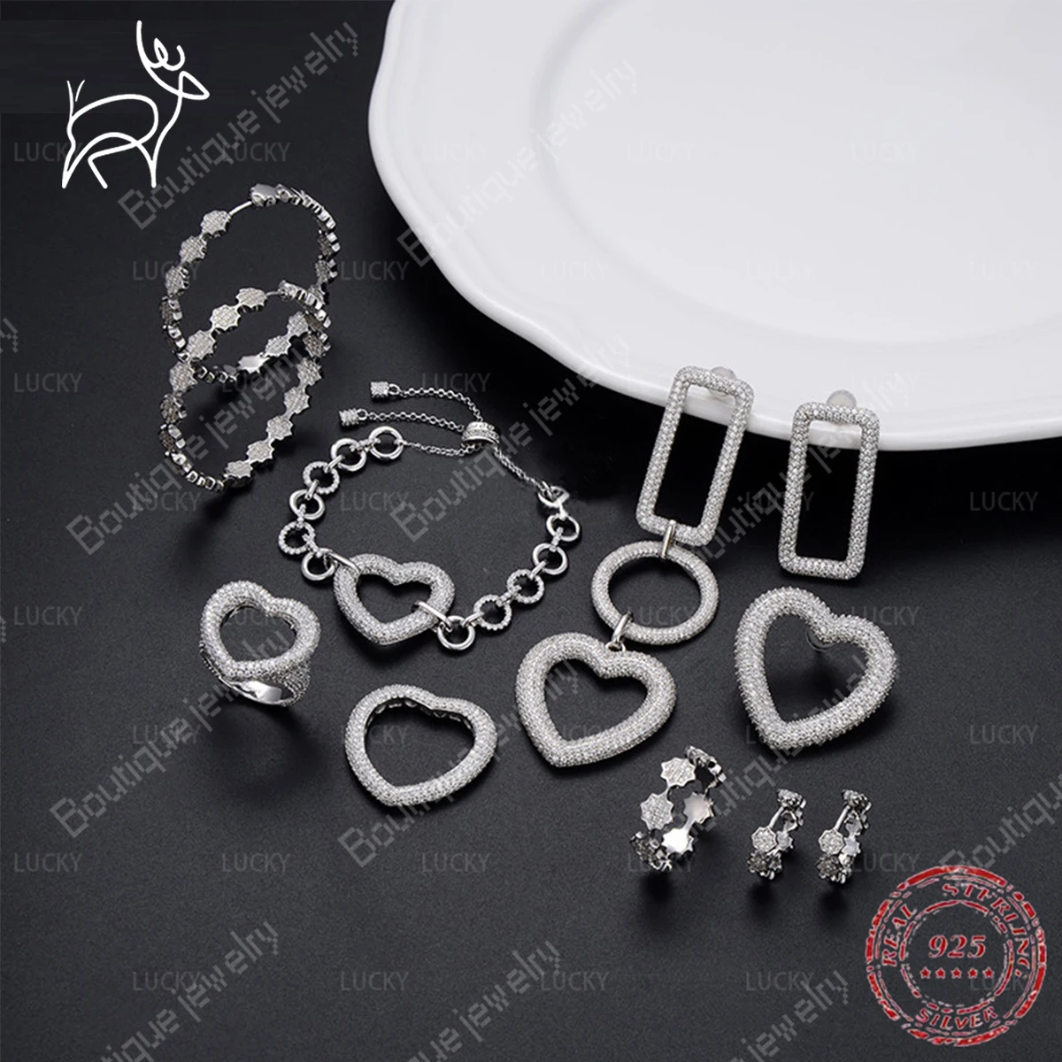 

Fashion S925 Sterling Silver Love Bracelet Necklace Earring Ring Ring Women's Heart Button Fashion Bohemian Christmas Gift