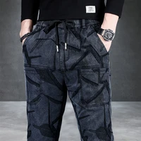 new stitching slim pants mens all match elastic six pocket mens pants pentagram jacquard jeans mens