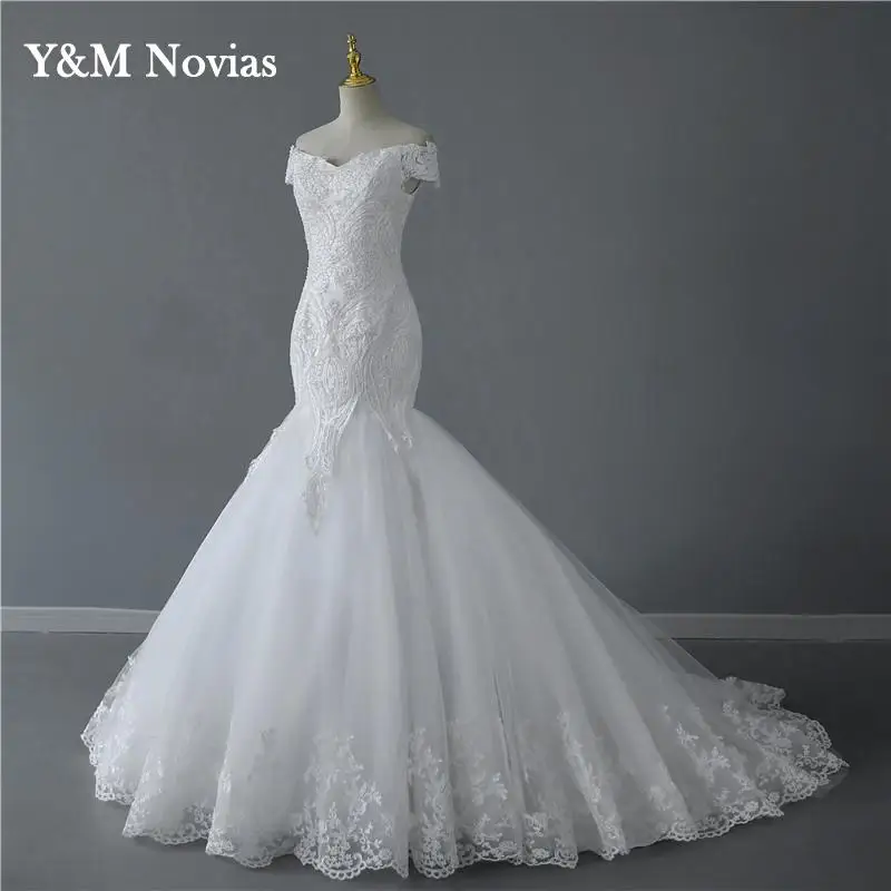 

Y&m Novias New Lace Mermaid Wedding Dresses Train Off Shoulder Sexy V-neck Backless Appliques With Sleeve Plus Size Luxury Bride