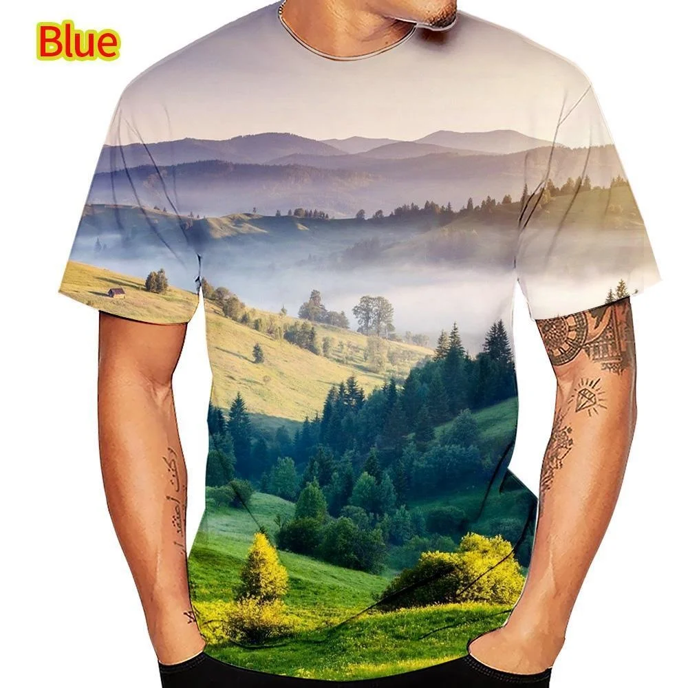 

2023 Fashion Landscape 3D Printed Men's T-Shirt Cool Short-sleeved Casual Tops Summer Oversized Breathable Clothing
