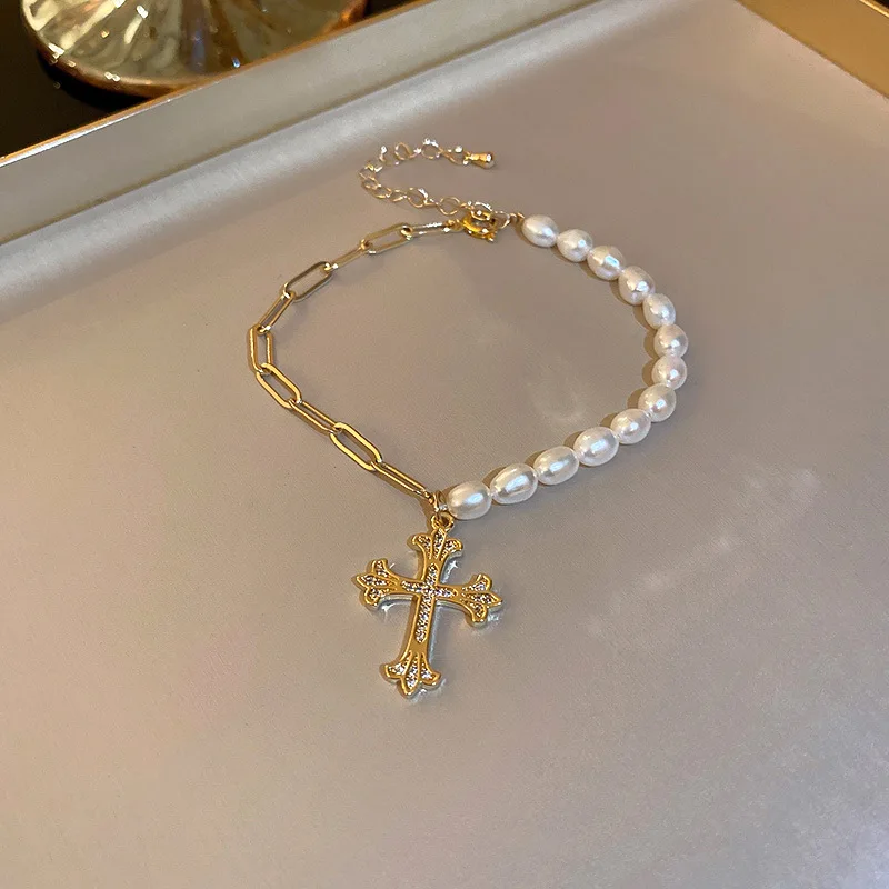 

Real Gold Electroplating Korea Diamond Pearl Cross Bracelet Fashion Personality Bracelet Temperament Bracelet