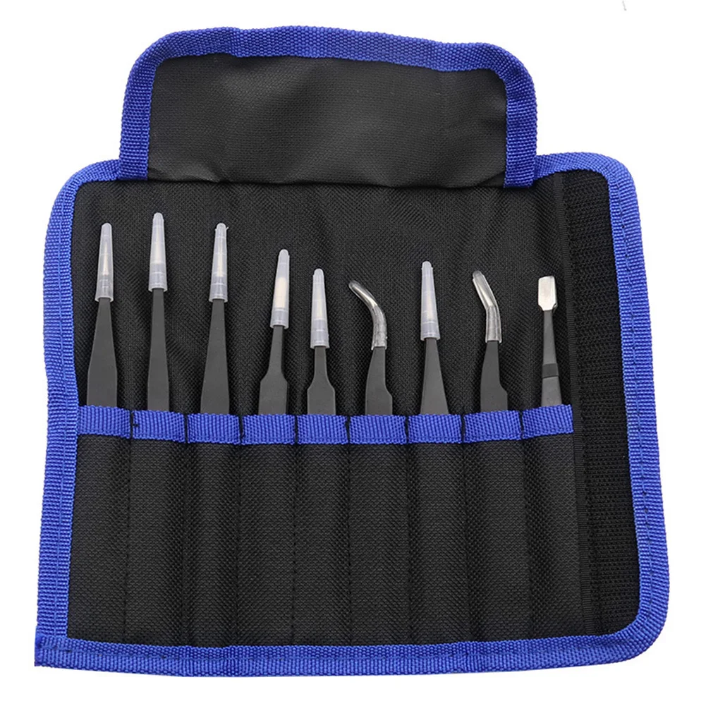

9Pcs Precision Curved Straight Anti-Static Stainless Steel Tweezers Mainten Tool For Computers Watch Glasses Repairing Hand Tool