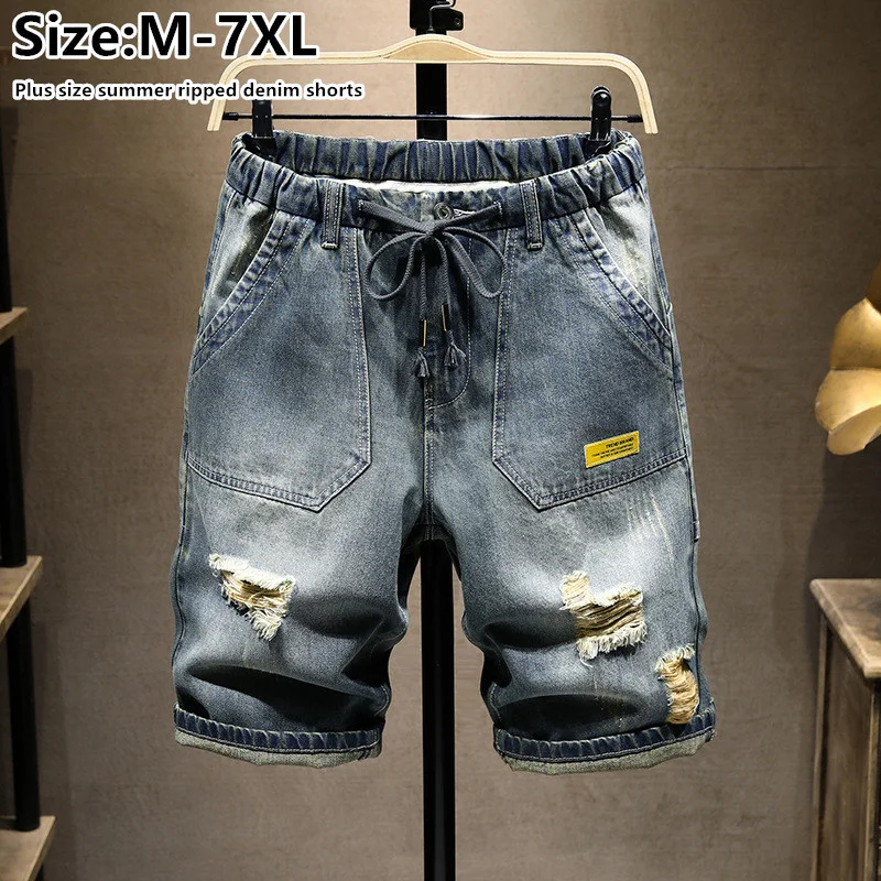 

6XL Boys Denim Shorts Stretched Waisted Plus Size 7XL Holes Half Trousers Distressed Retro Blue Mens Ripped Summer Loose Jeans