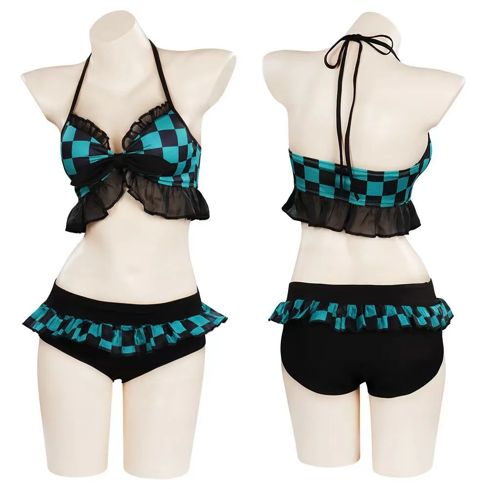 

Demon Slayer Kamado Tanjirou Cosplay Two Piece Lace Triangle Bag Bikini Swimwear Lolita Ruffle Swimsuit Push Up Summer Beachwear