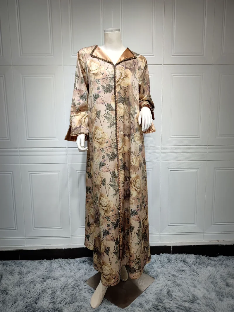 Elegant Casual Party Dress Luxury Diamonds Vintage Floral Print Long Dresses Turn-down Collar Robe Muslim Women Clothing