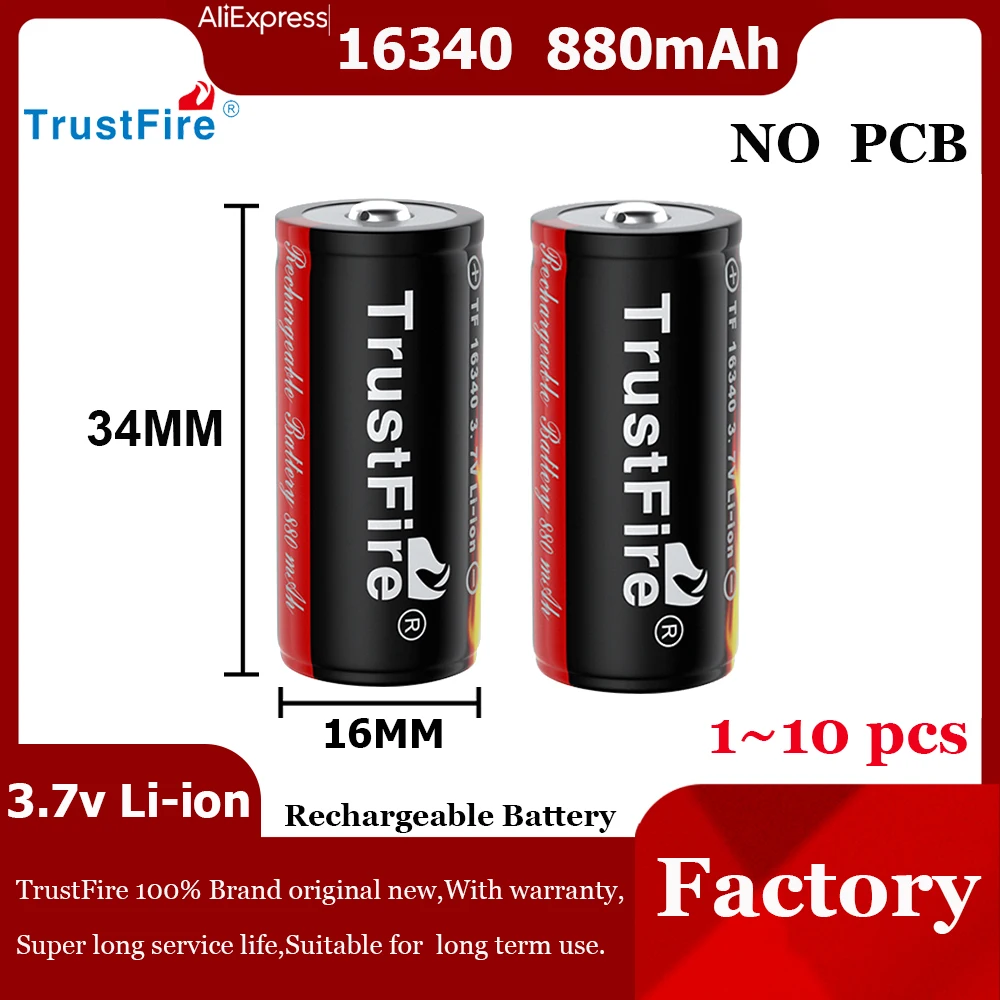 

100% TrustFire Original 16340 880mAh 3.7V Rechargeable Li-Ion Battery 34MM (NO PCB) 500 Times Suitable For Flashlight And RC Toy