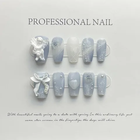 Синий ангел, ручная работа, нажимайте на ногти, полное покрытие, искусственные ногти, носимые искусственные ногти с набором инструментов