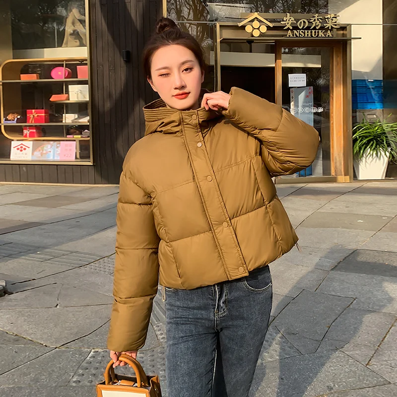 Solid Color Short Parka Coat for Fashion Big Pocket Hooded Loose Jackets Autumn Winter Women's Winter Coat Parkas Jacket Women