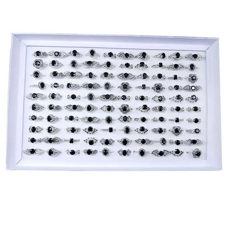 

100pcs/lot Mixed Vintage Crystal Geometric Angel Wing Flower Silver Color Ring for Women Party Fashion Jewelry Gift Wholesale