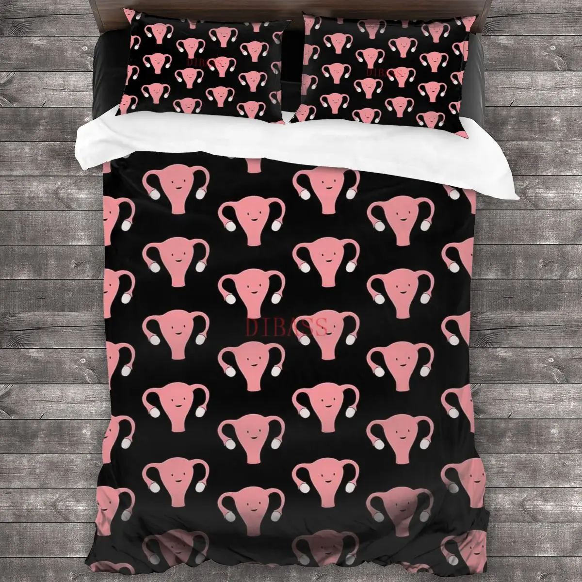 

Patterned Happy Uterus In Black Soft Microfiber Comforter Set with 2 Pillowcase, Quilt Cover With Zipper Closure