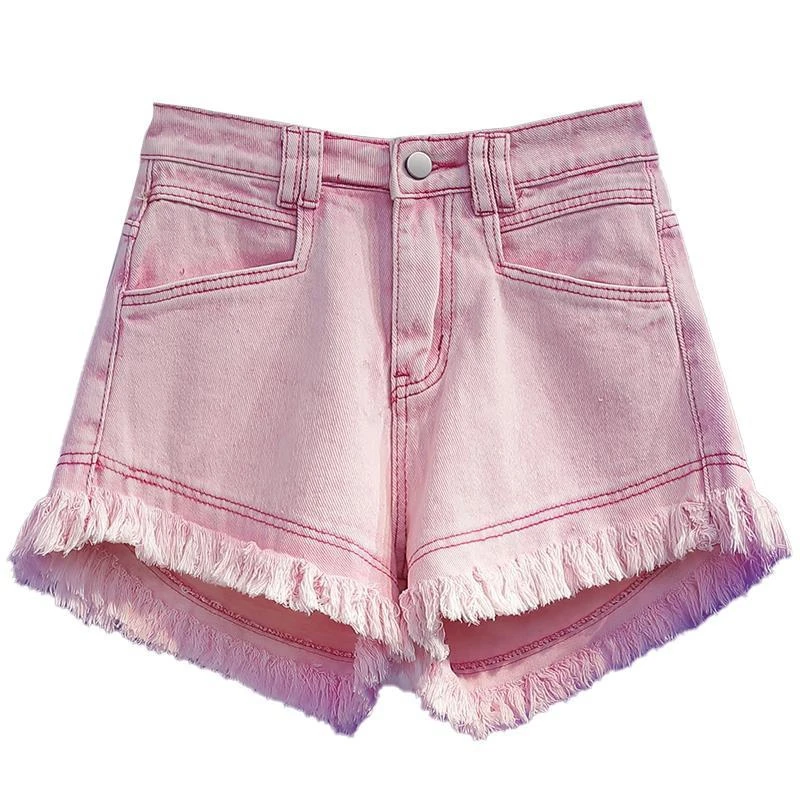 

2022 Summer New Tassel High Waist Denim Shorts Women Pink Blue Short Jeans Feminino