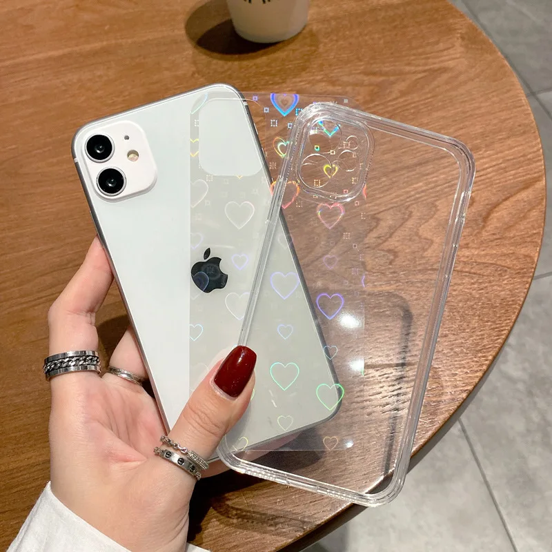 

Luxury Gradient Laser Love Heart Clear Soft Case for iPhone 13 12 11 Pro Max MiNi X XR XS 7 8 Plus SE 2020 Transparent Cover