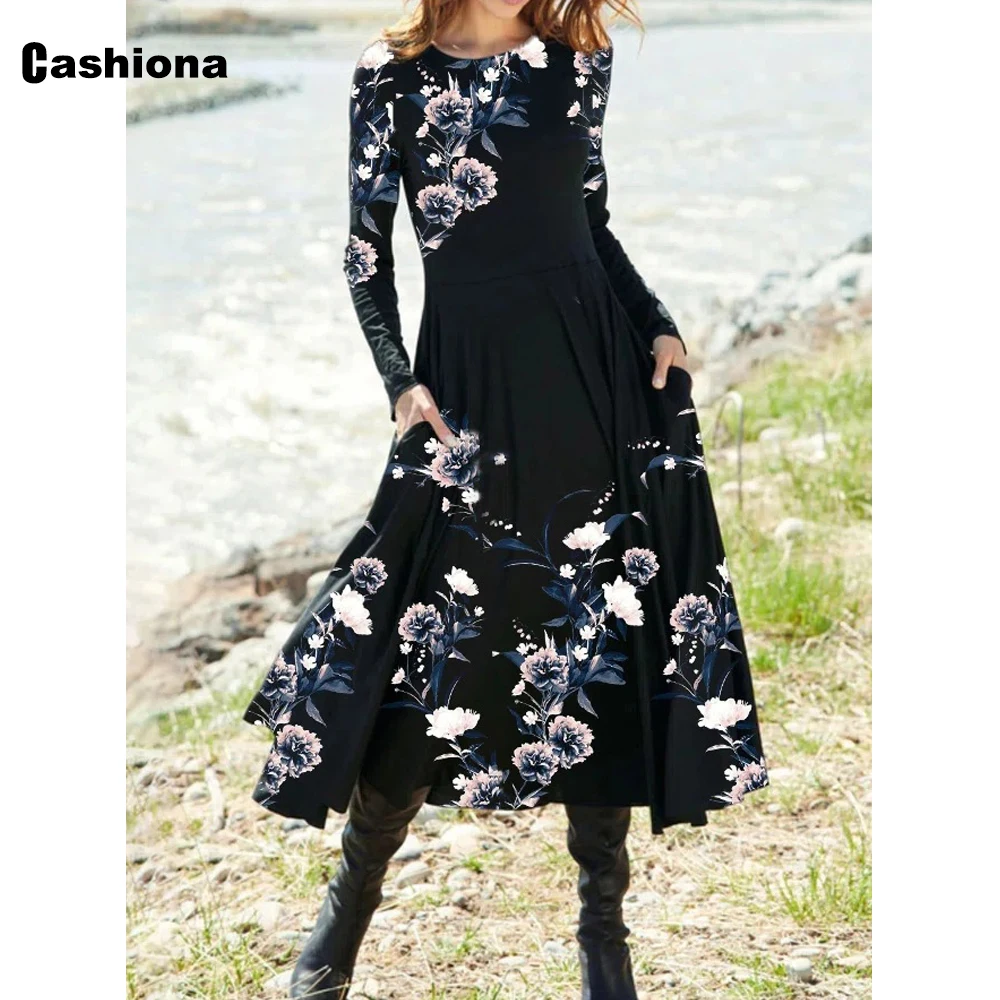 

Cashiona Women Elegant Fashion Mid-Calf Dress Long Sleeve Model Flower Print Party Dresses Plus size Ladies Vintage A-Line Dress